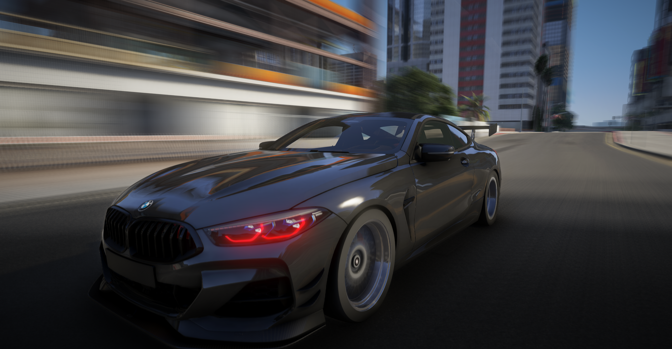 Black coupe moving fast through downtown
